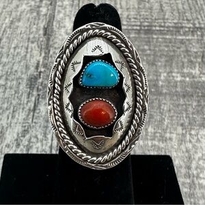 Old Pawn VTG Shadowbox Navajo Coral Turquoise Sterling Ring Sz 5.75 G Hallmark